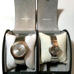MOVADO MUSEUM SPORT SE RARE "HIS & HERS" SET DIAMOND ROSE GOLD SS WATCHES 2PCS